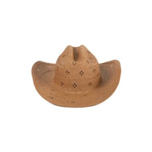 Tan straw cowboy hat with desert rose weave detail and western flicked edge