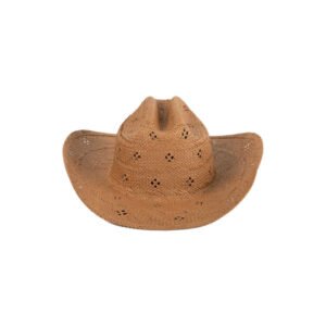 Tan straw cowboy hat with desert rose weave detail and western flicked edge.