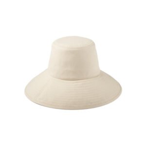Beige cotton bucket hat with wide brim and neck tie