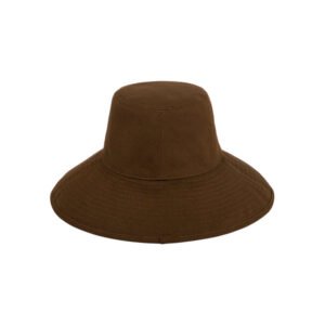 Brown cotton bucket hat with wide brim and neck tie, UPF 50+ sun protection