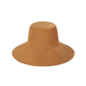 Tan corduroy wide-brimmed bucket hat with self-fabric ties