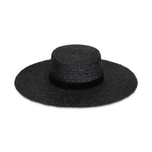 Mira Wide Boater in black, made from wheat straw, featuring a wide brim and black faux suede ribbon.