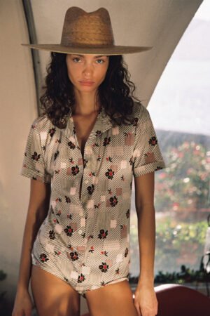 Model wearing Palma Wide Fedora, a natural straw hat, with floral shirt.