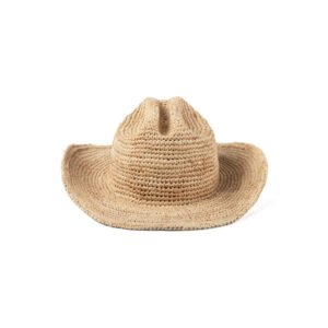 Raffia cowboy hat made from natural straw, featuring a classic western silhouette.