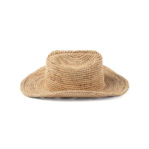 Raffia cowboy hat made from natural straw, featuring a wide brim and structured design.