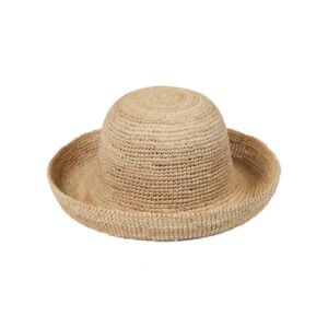 Natural raffia straw boater hat with a classic dome shape and flicked edge