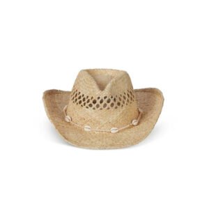 Raffia straw cowboy hat with seashells and custom beads, natural color