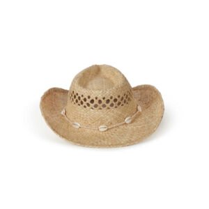 Hand woven raffia straw cowboy hat with seashells and custom beads