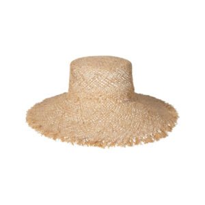 The Sundowner straw boater hat with a wide brim and frayed edge, made from natural raffia straw.