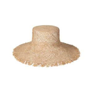 The Sundowner straw boater hat with a wide frayed brim, made from natural raffia straw.