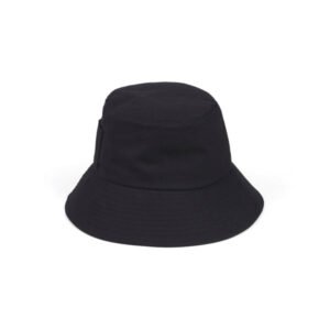 Black cotton bucket hat with a 7.5 cm brim and side pocket